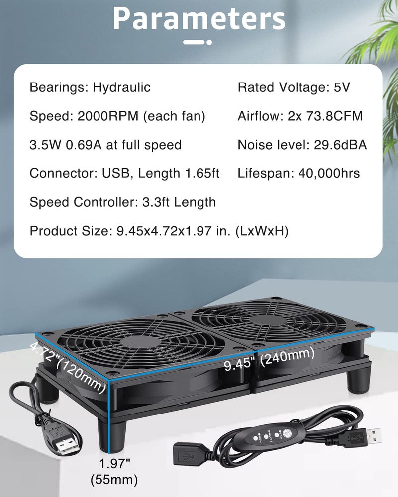 GDSTIME Quiet Router Fan Cooler with 3 Speed Control, L/M/H, DC 5V USB Powered Dual 120mm Computer Cooling Case Fan for Routers Modem Receiver DVR PlayStation TV Box - Image 2
